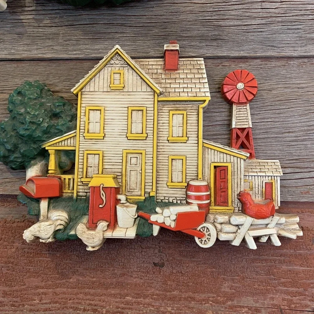 HOMCO Farm House Barn Wall Art 1975 #7369 Chickens Horse Windmill Silo LOT OF 2